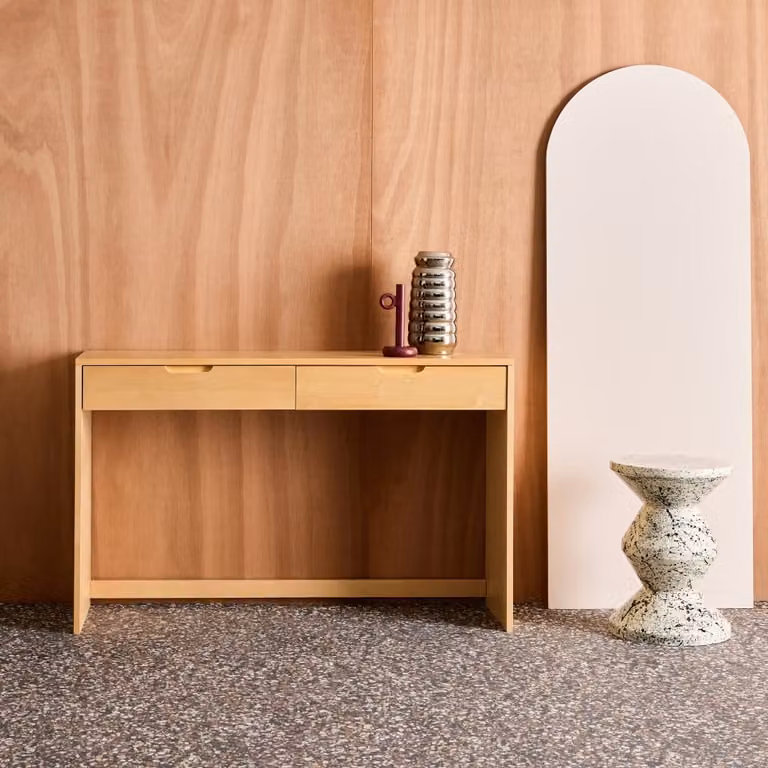 Consola moderna de madera Sweeek con 2 cajones en color beige, An/P/Al: 120 x 35 x 75 cm