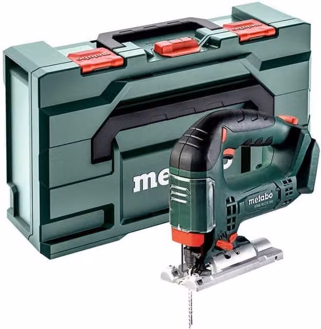 Sierra de calar a batería Metabo STAB 18 LTX 100 de 18 V con maletín MetaLoc en color negro y verde
