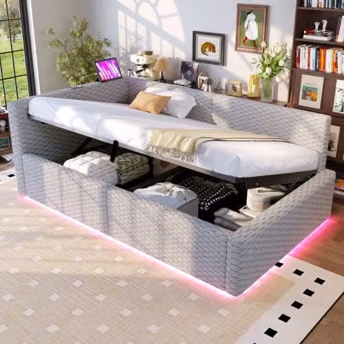 Cama infantil OKWISH de terciopelo gris con almacenamiento, iluminación LED y puertos USB, An/P/Al: 90 x 200 x 40,7 cm