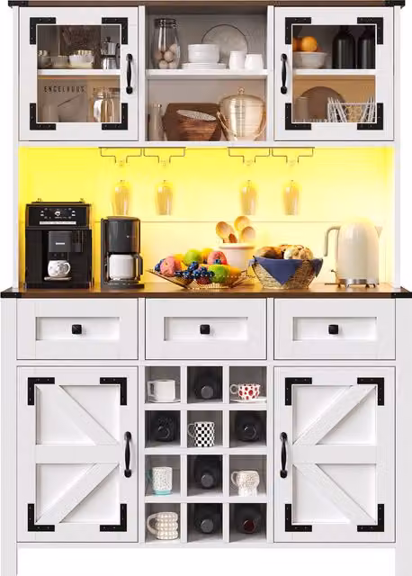 Aparador alto de cocina Stilvora en blanco con iluminación LED, porta botellas, puertas de cristal y cajones, fabricado en MDF, metal y vidrio, An/P/Al: 120 x 40 x 170 cm