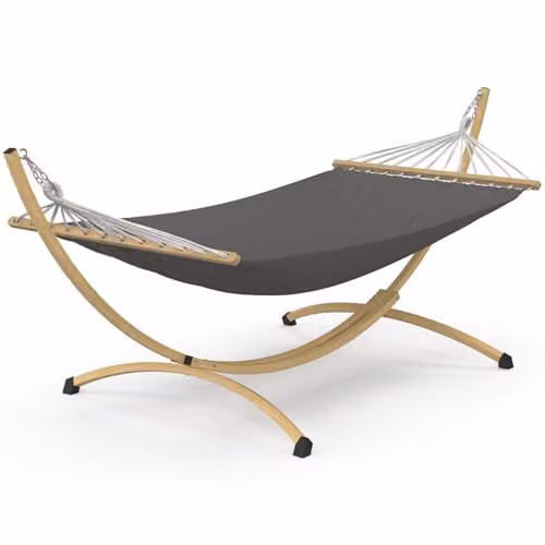 Hamaca XL IDMarket con soporte de metal efecto madera y tela gris para jardín