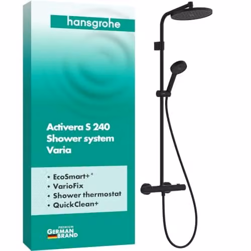 Sistema de ducha Hansgrohe Activera S con termostato, ducha lluvia y ducha de mano en negro mate