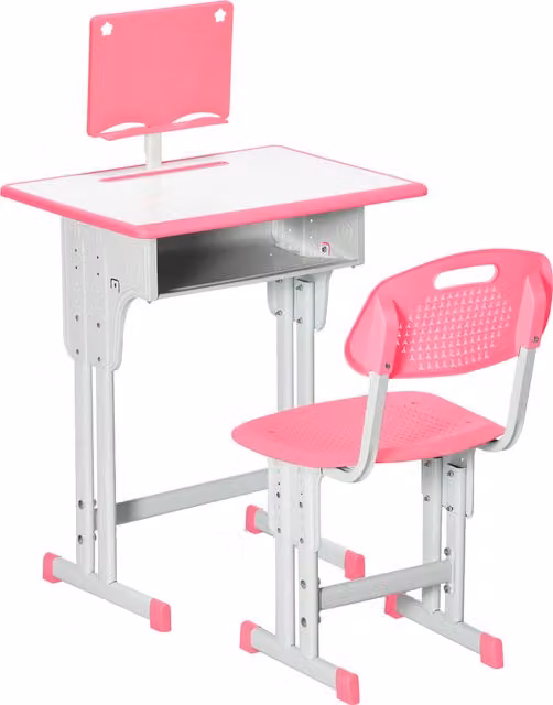 Juego de escritorio y silla infantil HOMCOM con altura ajustable, cajón y estante para libros, color rosa y blanco, An/P/Al: 60 x 45 x 90-102 cm
