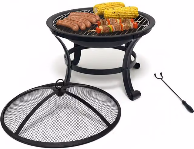 Brasero Relaxdays de acero negro con parrilla, protector de chispas y atizador, Diámetro: 55 cm