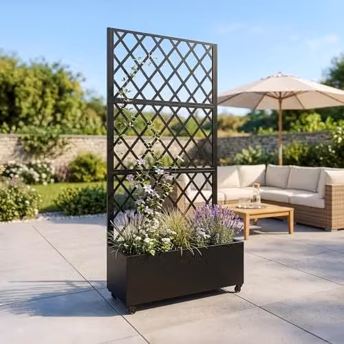 Tabique con jardinera Malja de casa.pro, separador de ambientes para exterior e interior en acero galvanizado, color negro, Al x An x P: 190 x 82 x 38 cm