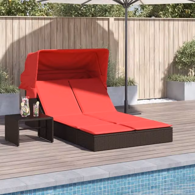 Tumbona doble con toldo y cojines Maison Exclusive en poliratán marrón para jardín o terraza