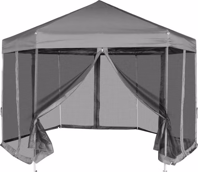 Carpa desplegable hexagonal SYFAX con 6 paredes laterales y ventana en color gris y negro, An/P/Al: 3,6 x 3,1 x 2,8 m