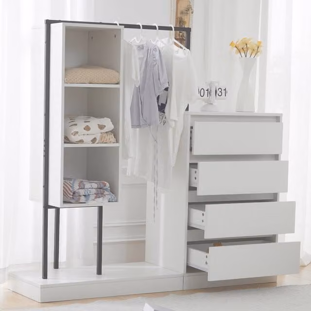 Armario de dormitorio WISHDOR con cajones internos, barra para colgar y estantes, An/P/Al: 140 x 40 x 135 cm, blanco mate