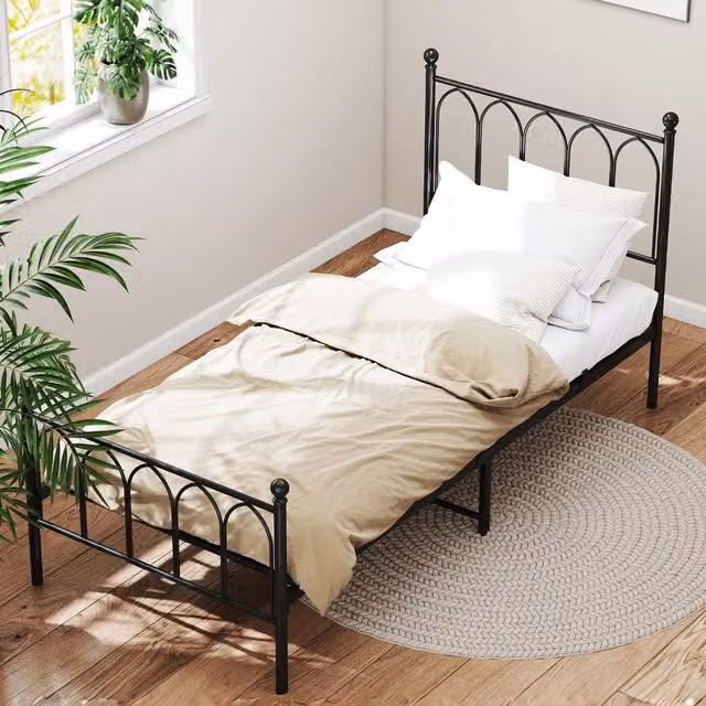 Estructura de cama de metal OKWISH estilo rústico con lamas fijas en color negro An/P/Al: 90 x 200 x 118 cm