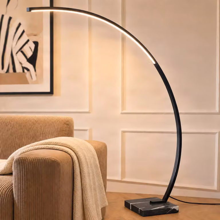 Lámpara de pie de arco LED Kendra de Lindby, atenuable, color negro, aluminio y metal, Altura: 180 cm
