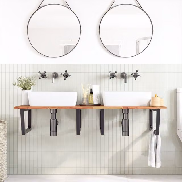 Estante de lavabo de pared SYFAX en madera de acacia aceitada y acero, color marrón y negro