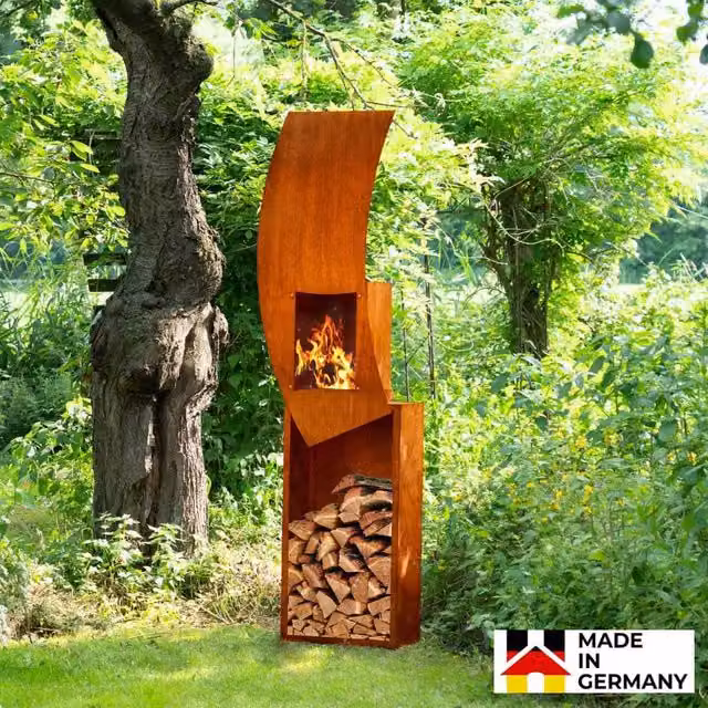 Chimenea de jardín con leñero SWING Home Deluxe en color marrón