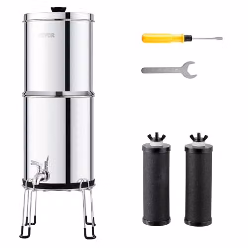 Sistema de filtración de agua por gravedad VEVOR de 8,5 l en acero inoxidable color plata con 2 filtros y grifo