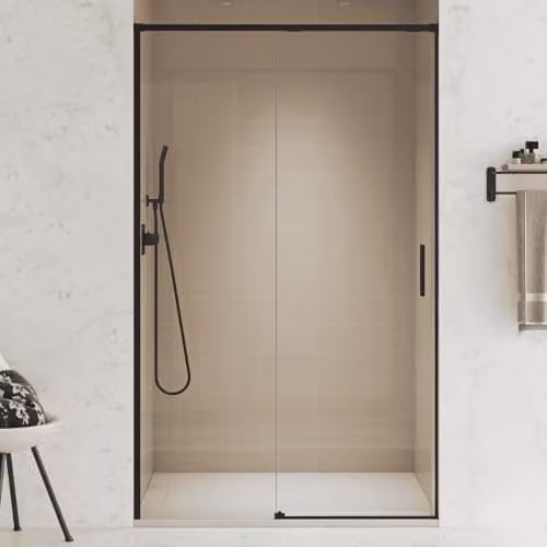 Mampara de ducha frontal B BAÑO TOTAL con puerta corredera y panel fijo, vidrio templado de 6 mm transparente con tratamiento easy clean y perfil negro, Altura: 175 cm