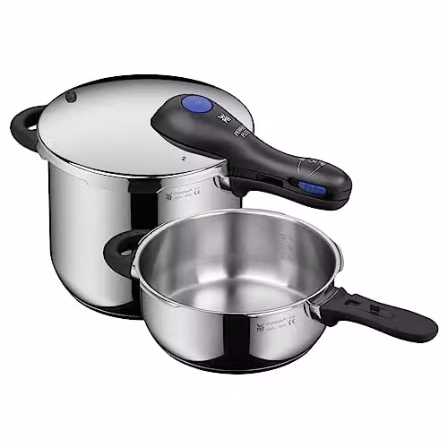Set de ollas rápidas WMF Perfect Plus de acero inoxidable Cromargan en color plata, incluye olla de 6,5 litros con diámetro de 22 cm y cuerpo de 3 litros, apto para inducción