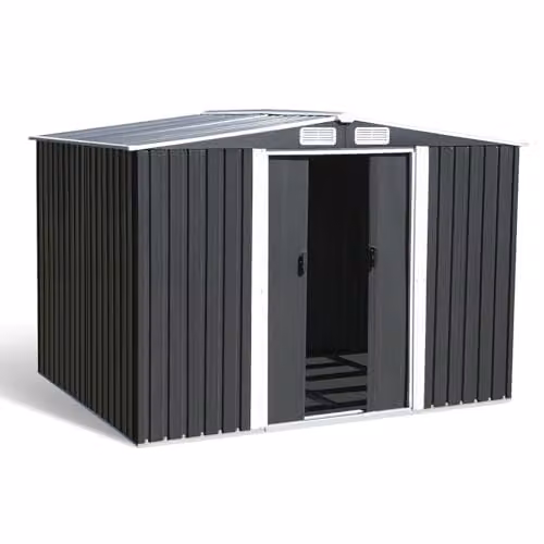 Caseta de jardín IDMarket de 5,3 m2 en acero galvanizado gris con base y puertas correderas