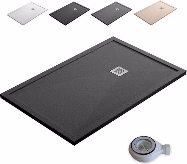 Plato de ducha rectangular de resina mineral BAÑO TOTAL con textura de piedra y superficie antideslizante, color antracita, An: 70 cm, Al: 130 cm