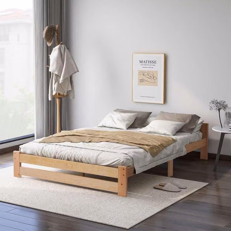 Cama de madera maciza de pino Aiorber con diseño futón y cabecero, color marrón, An/P/Al: 140 x 200 cm