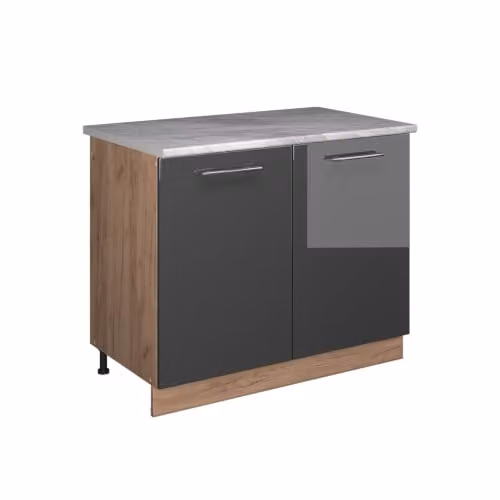 Mueble bajo para fregadero Vicco Fame-Line en color antracita brillo y roble con puertas de cierre suave, An: 100 cm, Al: 82 cm, P: 51,6 cm
