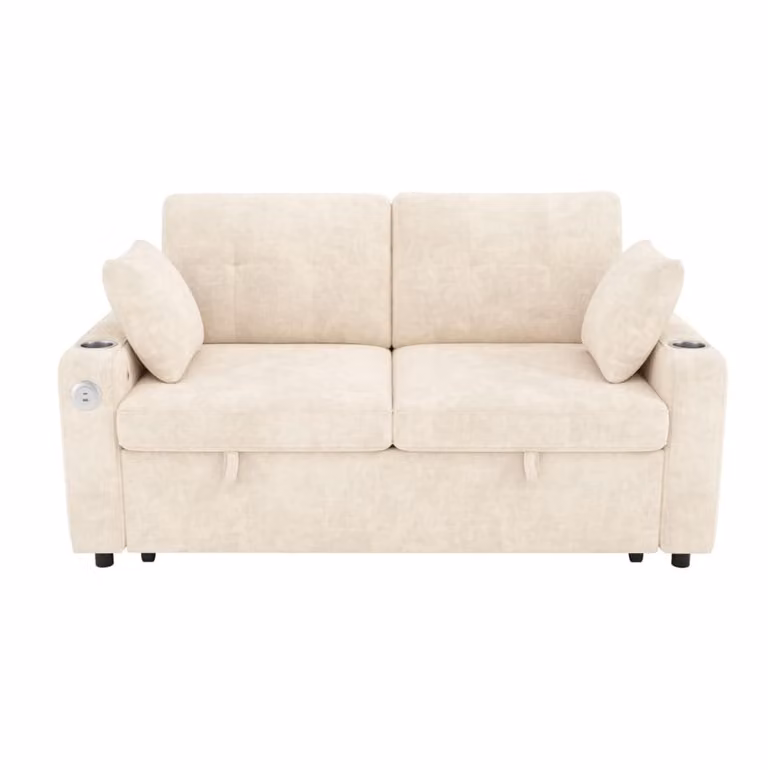 Sofá cama de 2 plazas MODFU en color beige con carga USB, luz LED y portavasos, An/P/Al: 141.5 x 131 x 83.5 cm