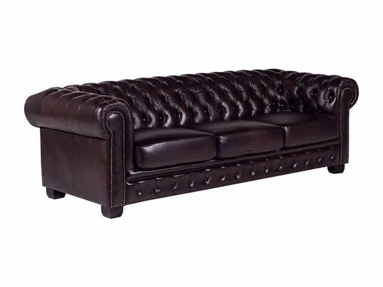 Sofá Chesterfield de 4 plazas Vente-Unique tapizado en piel de color marrón con estructura de madera maciza An/P/Al: 247 x 99 x 76 cm