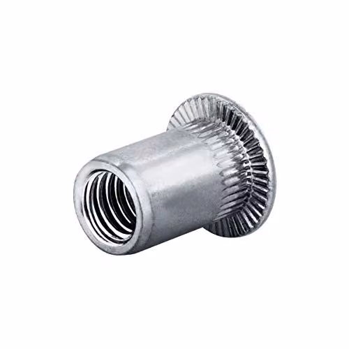 Set de 250 tuercas de remache ciegas Goebel M5 de acero galvanizado con cabeza plana moleteada y dentado inferior de cabeza abierta