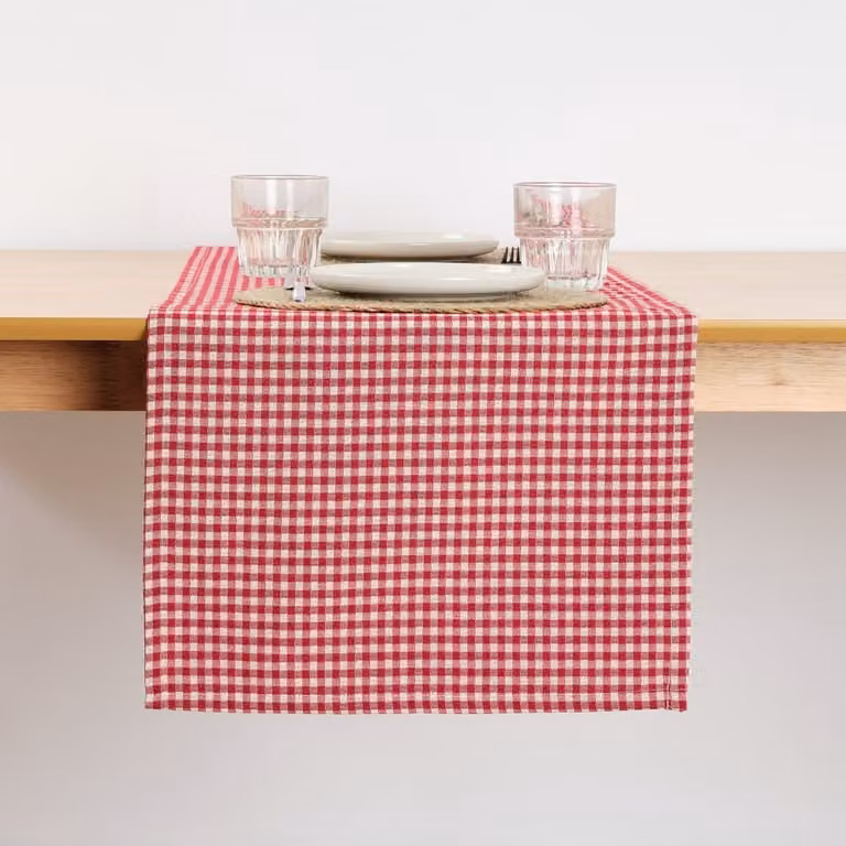 Camino de mesa de Navidad Muare Home en jacquard de algodón reversible a cuadros rojos An/P: 45 x 140 cm
