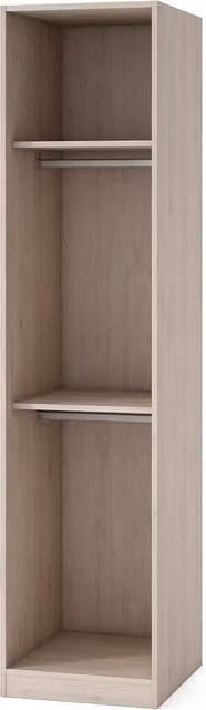 Armario Mio El Corte Inglés con una puerta batiente, estantes internos y barra de colgar en acabado mate beige, arena y blanco