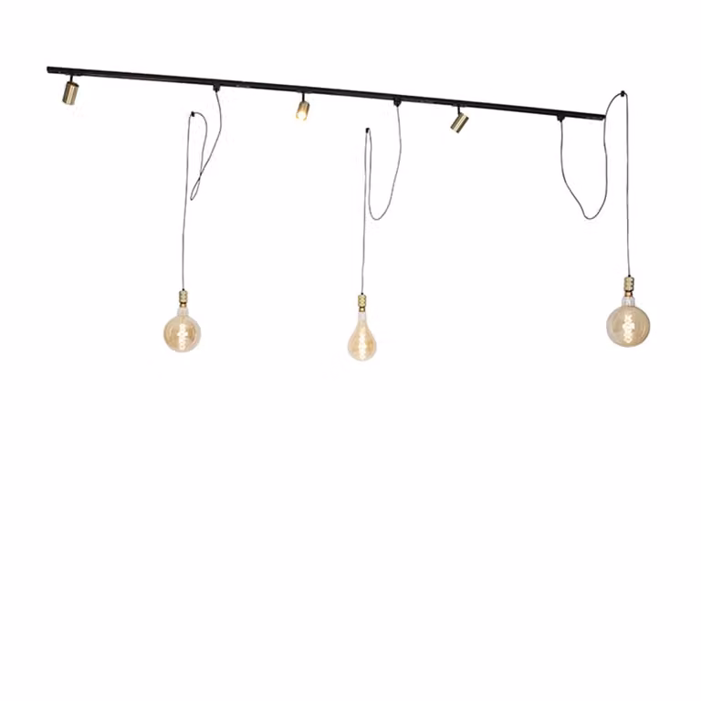 Set de sistema de carril monofásico QAZQA con 3 focos y 3 lámparas colgantes ajustables en color dorado, fabricado en metal de estilo moderno