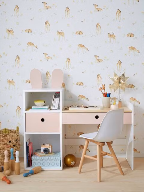 Escritorio infantil BUNNY de Vertbaudet en blanco y rosa con motivos decorativos