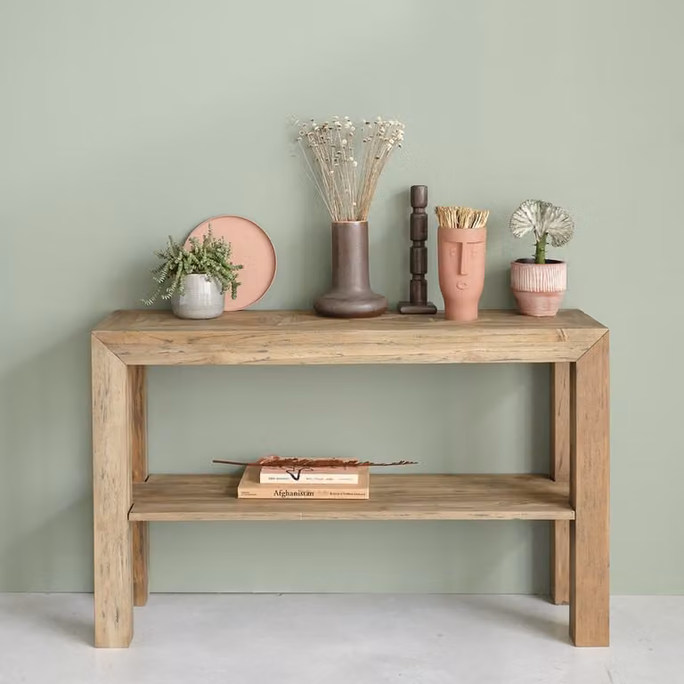 Consola de teca maciza reciclada BERAH GETAH en color marrón y beige de estilo rústico