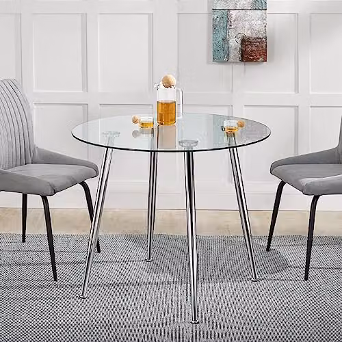 Mesa de comedor redonda en.casa de cristal transparente y patas de metal cromado, An/P/Al: 87 x 87 x 75 cm