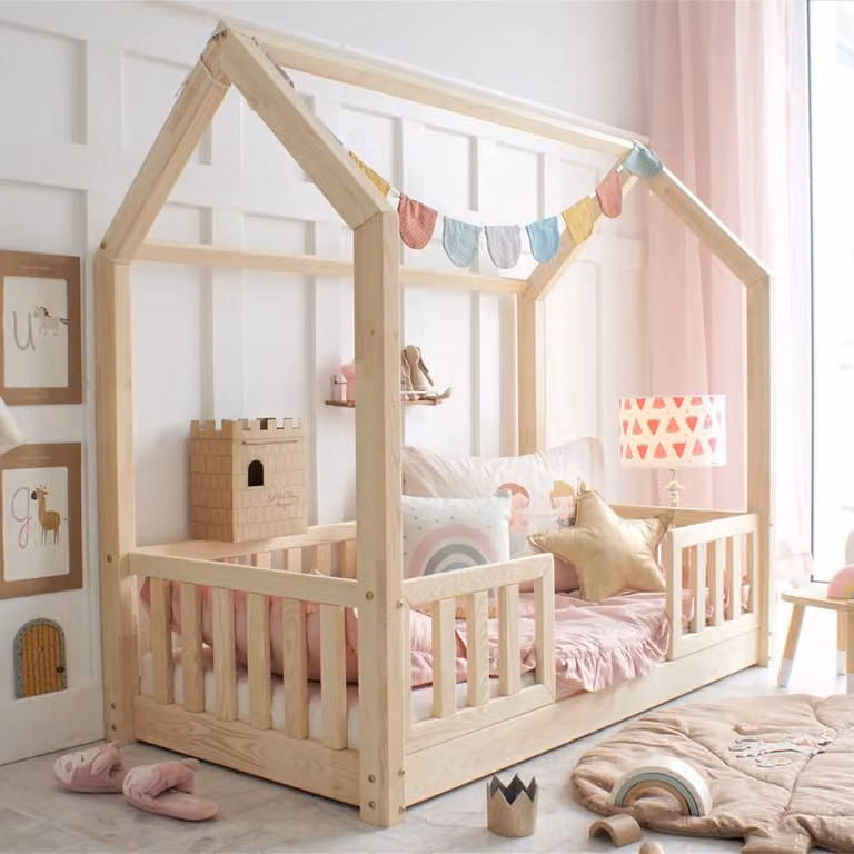 Cama cabaña de madera de pino natural con barandilla para niños y adultos, An/P/Al: 190 x 90 x 140 cm