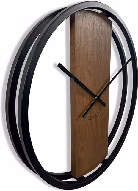 Reloj de pared analógico Flexistyle Loft redondo de madera y metal en marrón y negro con mecanismo silencioso, Diámetro: 50 cm