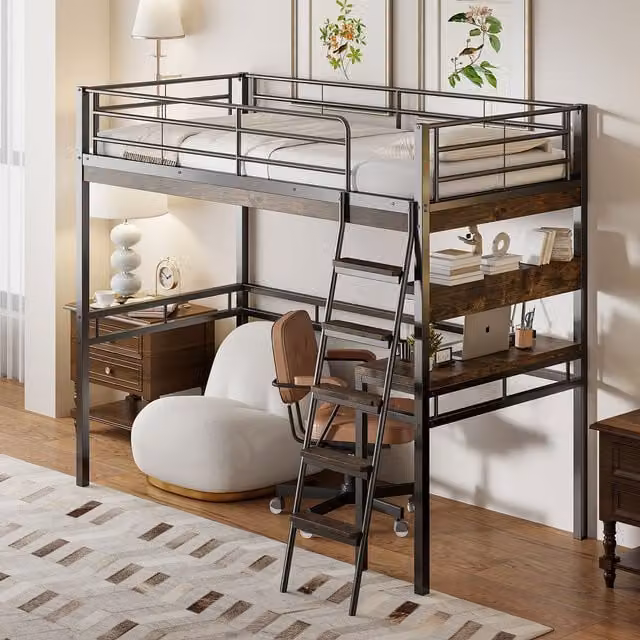 Cama alta individual MODENVIE con escritorio y estantes, estructura de metal y MDF en color negro, An/P/Al: 90 x 200 x 180 cm