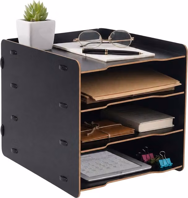 Bandeja portadocumentos de escritorio Relaxdays con 4 compartimentos, madera, negro, An/P/Al: 25 x 25 x 31 cm