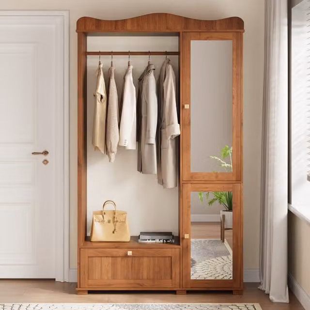 Armario de Dormitorio y Recibidor MODFU con Espejo y Espacio para Colgar Ropa, Color Nogal, An/P/Al: 115,5 x 38,5 x 194,5 cm
