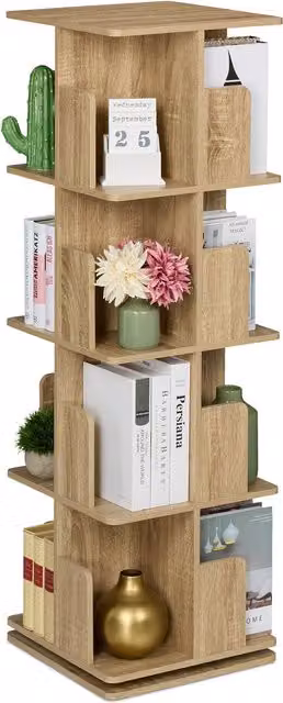 Estantería de libros giratoria 360 grados de 4 niveles Relaxdays, diseño moderno en color marrón y beige, An/P/Al: 39 x 39 x 125,5 cm