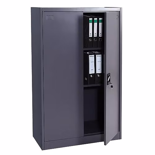 Armario de oficina Mendler HWC-H17 con 2 puertas y estantes ajustables en acero gris oscuro, An/P/Al: 40 x 40 x 140 cm