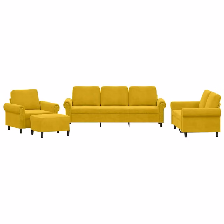 Juego de sofás de 4 piezas vidaXL con otomana y cojines tapizados en terciopelo amarillo para salón de estilo moderno