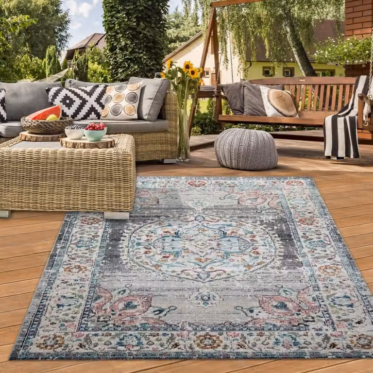 Alfombra oriental Teppich-Traum de estilo vintage en gris y azul para salón o exteriores An x P: 80 x 150 cm