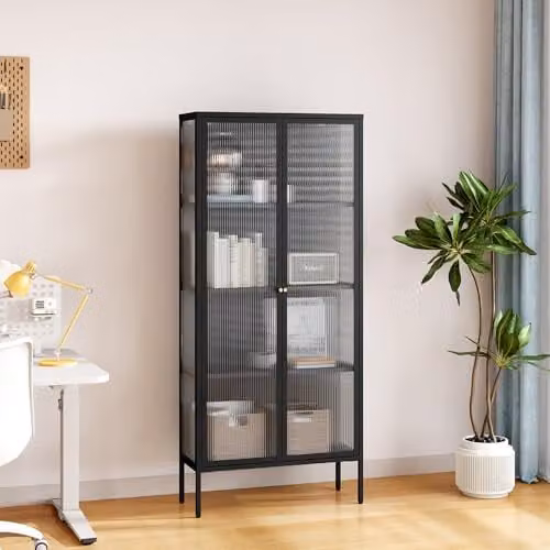 Vitrina Vinterhavn en.casa con puertas de cristal estriado y estructura de metal en color negro, An/P/Al: 180 x 80 x 35 cm