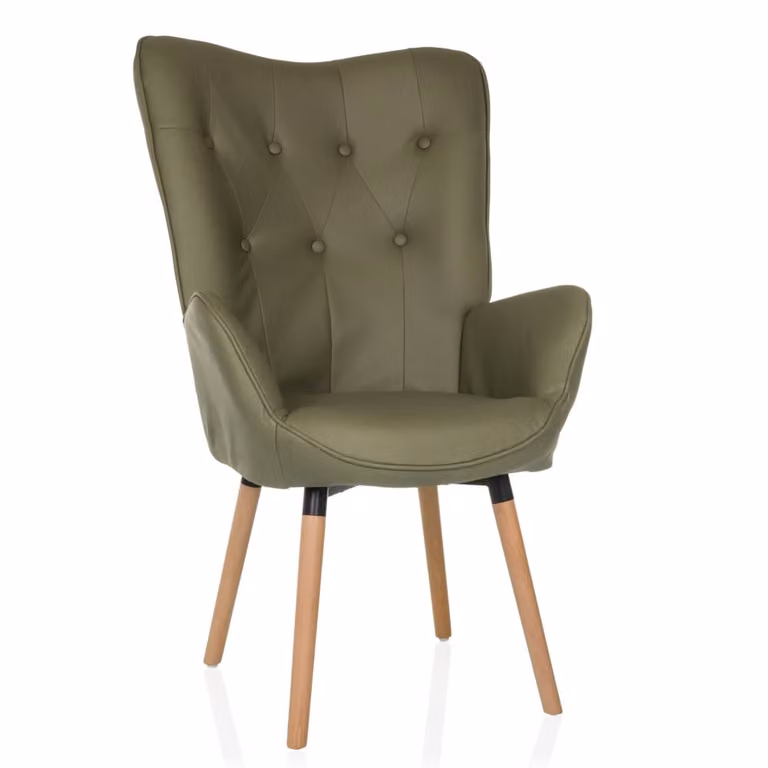 Sillón de estilo escandinavo hjh LIVING tapizado en tela verde con estructura de madera y metal