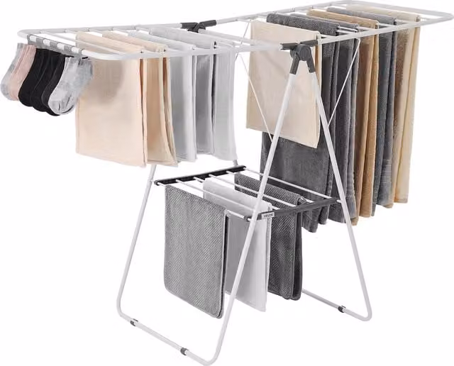 Secador de ropa plegable VEVOR de dos niveles en color blanco y gris, con 21 varillas, pinzas para calcetines y altura ajustable