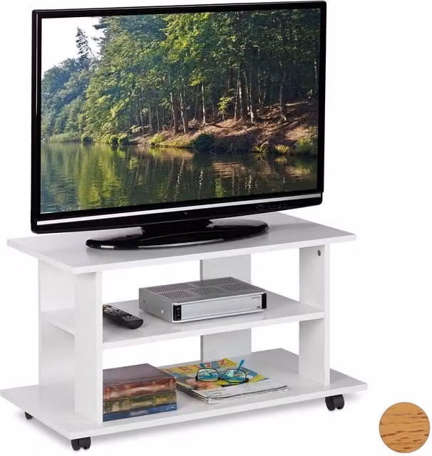 Mueble de TV con ruedas Relaxdays con 2 compartimentos, color blanco, An/P/Al: 80 x 40 x 45 cm