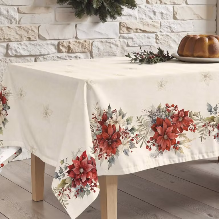 Mantel de Navidad Muare Home multicolor con diseño floral, repelente a las manchas, 100% algodón, rectangular, An/P: 250 x 155 cm