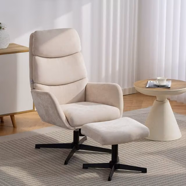 Sillón Relax con Reposapiés HOMCOM Tapizado en Tela con Base Metálica, Diseño Moderno para Salón o Dormitorio, Color Beige