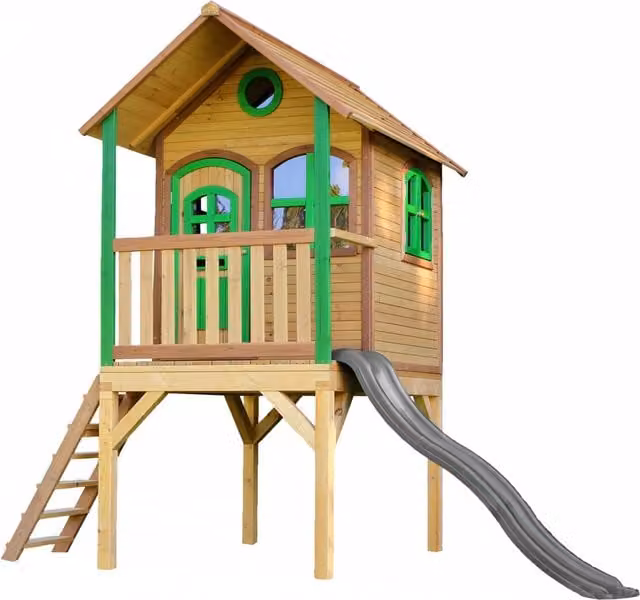 Casita de juegos infantil AXI Laura de madera con tobogán gris, marrón y verde
