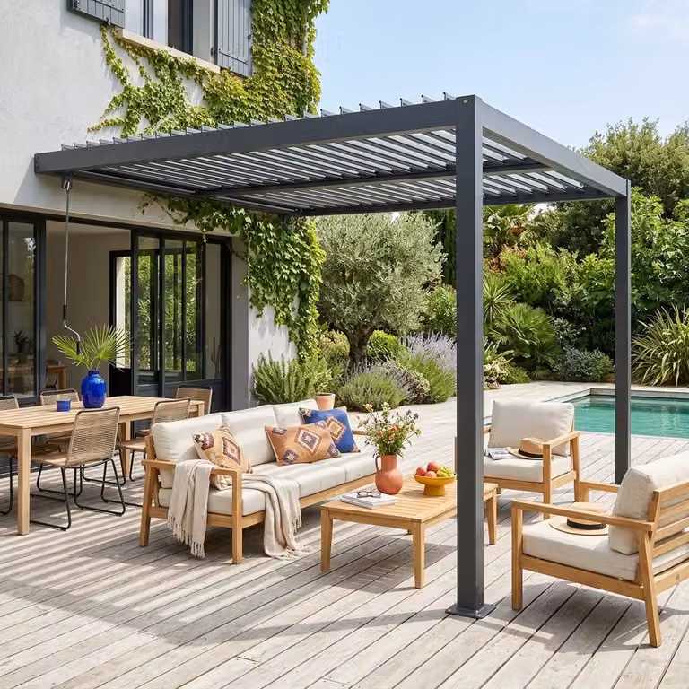 Pérgola bioclimática adosada Sweeek de aluminio con lamas orientables, color antracita, An/P/Al: 302 x 233 x 302 cm