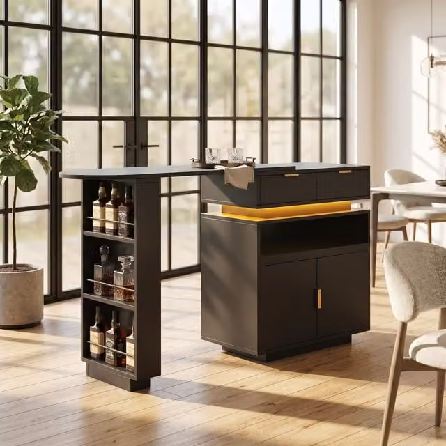Mesa de bar extensible Urban Meuble con iluminación LED y detalles dorados en color negro y oro